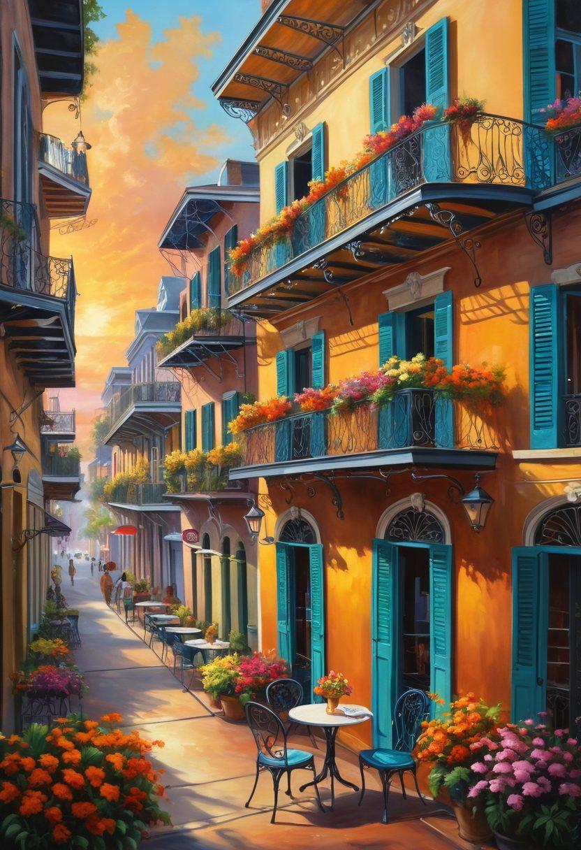 A whimsical, vibrant scene of New Orleans with iconic wrought-iron balconies adorned with colorful flowers, couples connecting over coffee at a cozy café, live jazz musicians playing on the street, and a community gathering in a lush park under the warm, golden glow of sunset. Capture the essence of love and community spirit in this lively atmosphere. super-realistic. vibrant colors. painting.