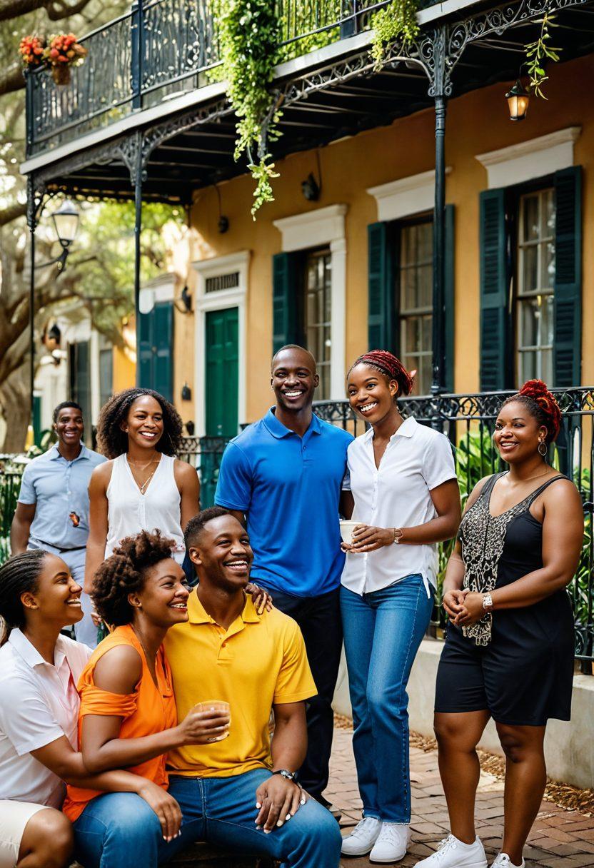 An uplifting scene depicting diverse individuals in New Orleans coming together in a park, sharing smiles and engaging in various acts of kindness, with the iconic French Quarter architecture in the background. Festive decorations and soft sunlight add warmth to the atmosphere, symbolizing unity and friendship. The vibe is joyful and inviting, showcasing the spirit of community. vibrant colors. super-realistic.